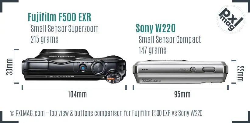 Fujifilm F500 EXR vs Sony W220 top view buttons comparison