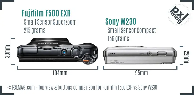 Fujifilm F500 EXR vs Sony W230 top view buttons comparison Fujifilm F500 EXR vs Sony W230 top view buttons comparison