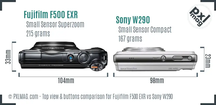 Fujifilm F500 EXR vs Sony W290 top view buttons comparison Fujifilm F500 EXR vs Sony W290 top view buttons comparison
