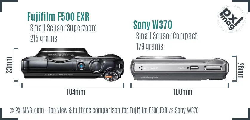 Fujifilm F500 EXR vs Sony W370 top view buttons comparison