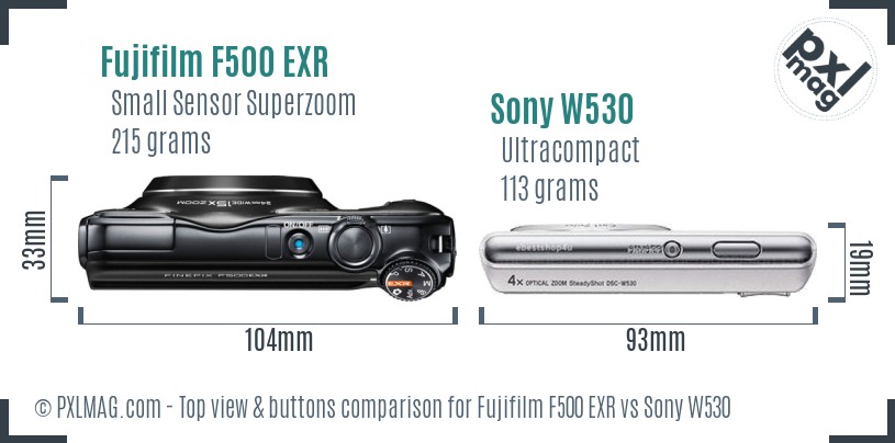 Fujifilm F500 EXR vs Sony W530 top view buttons comparison