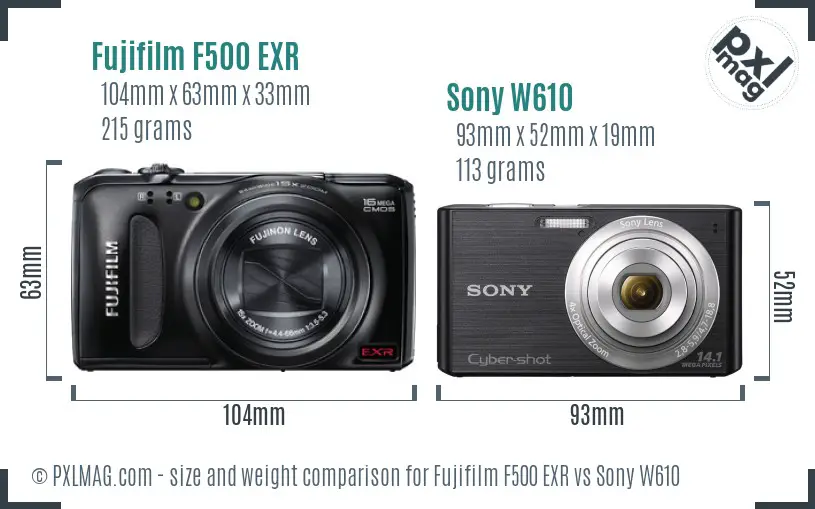 Fujifilm F500 EXR vs Sony W610 size comparison