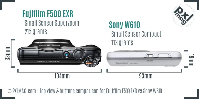 Fujifilm F500 EXR vs Sony W610 top view buttons comparison