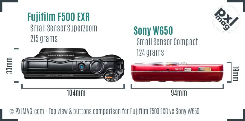 Fujifilm F500 EXR vs Sony W650 top view buttons comparison Fujifilm F500 EXR vs Sony W650 top view buttons comparison