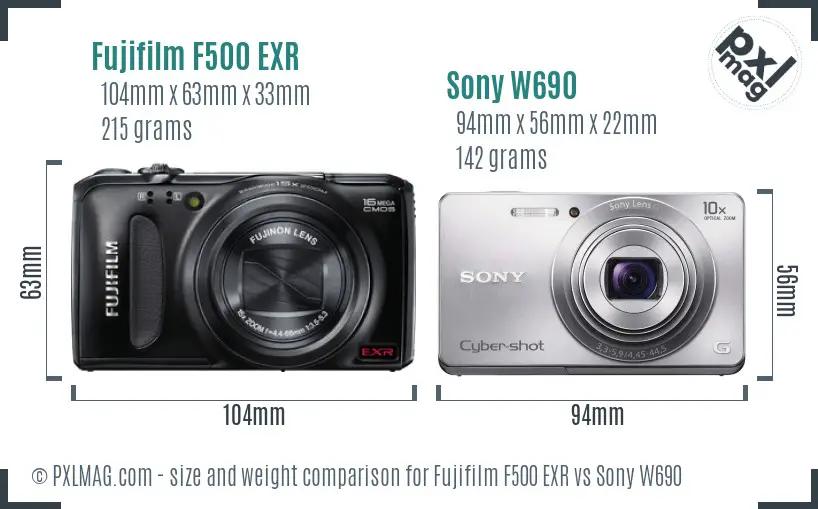 Fujifilm F500 EXR vs Sony W690 size comparison