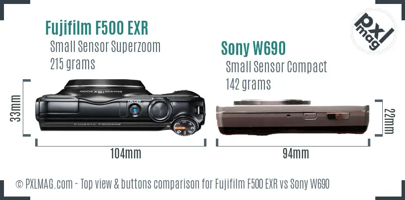 Fujifilm F500 EXR vs Sony W690 top view buttons comparison
