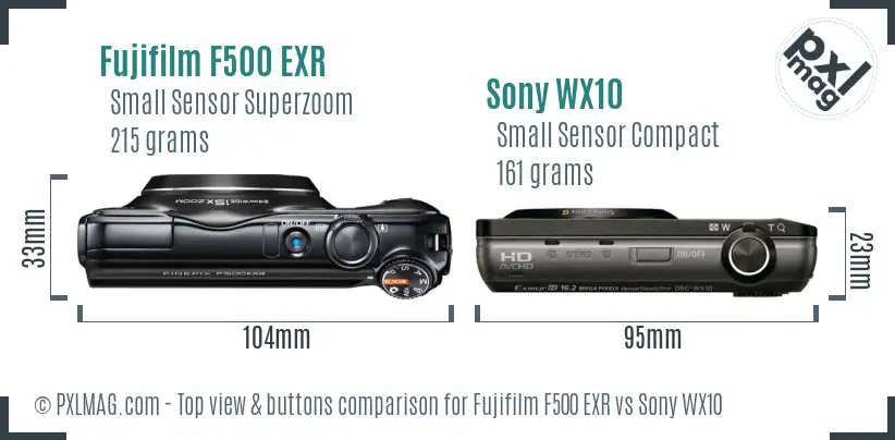 Fujifilm F500 EXR vs Sony WX10 top view buttons comparison