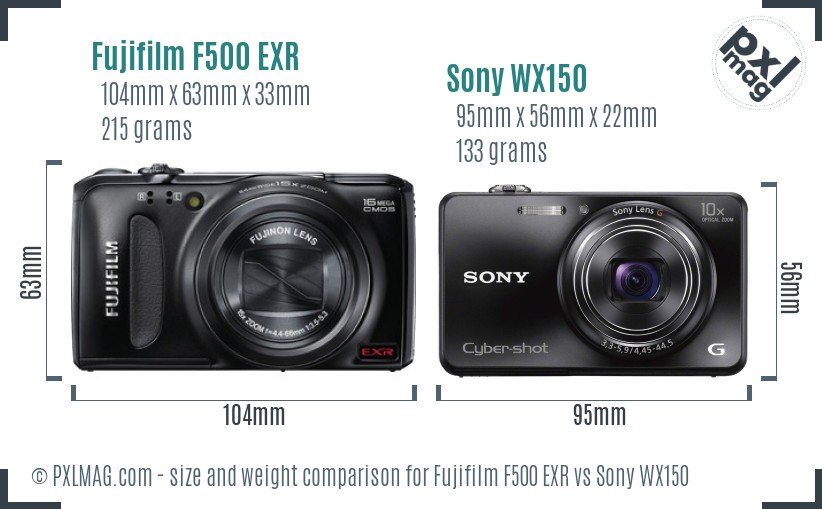 Fujifilm F500 EXR vs Sony WX150 size comparison