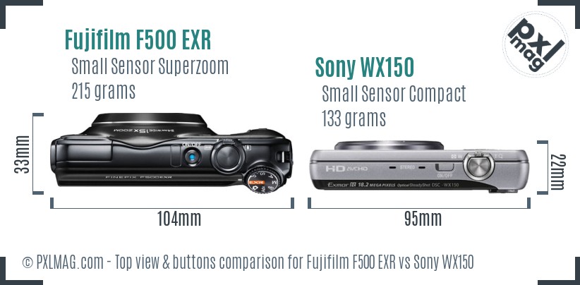 Fujifilm F500 EXR vs Sony WX150 top view buttons comparison