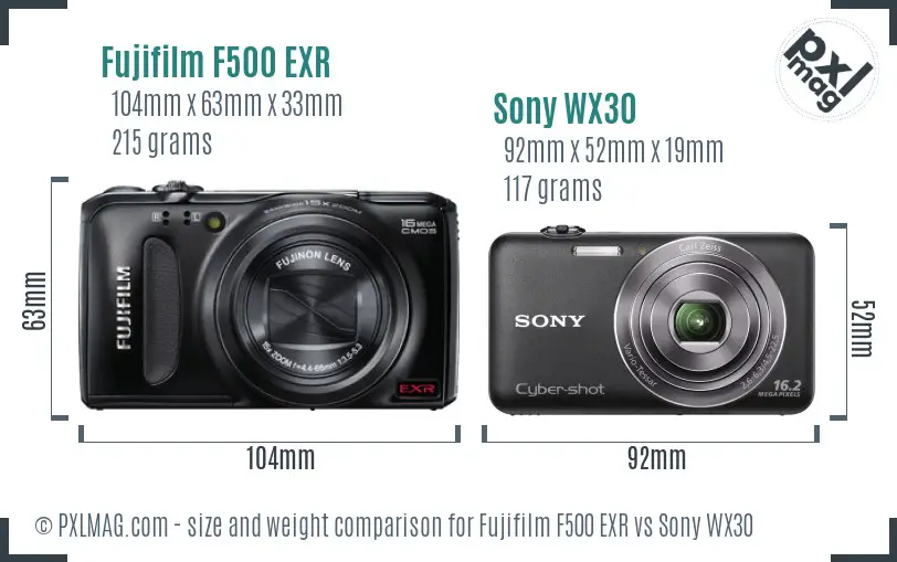 Fujifilm F500 EXR vs Sony WX30 size comparison