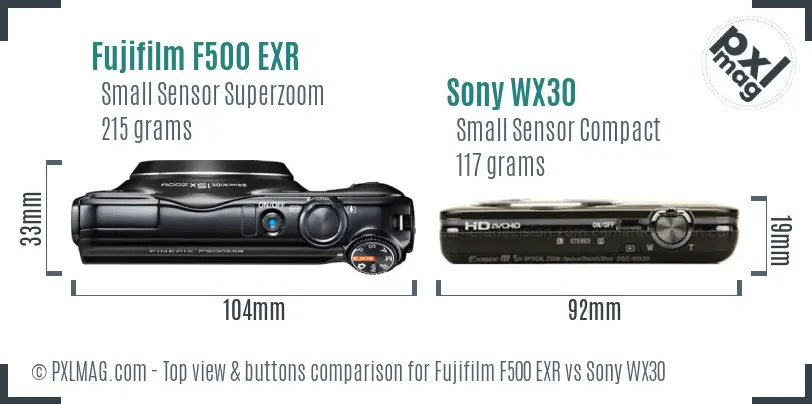 Fujifilm F500 EXR vs Sony WX30 top view buttons comparison