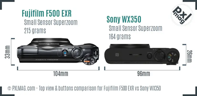 Fujifilm F500 EXR vs Sony WX350 top view buttons comparison Fujifilm F500 EXR vs Sony WX350 top view buttons comparison