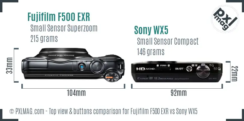 Fujifilm F500 EXR vs Sony WX5 top view buttons comparison