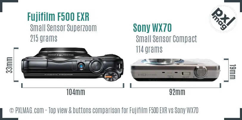 Fujifilm F500 EXR vs Sony WX70 top view buttons comparison Fujifilm F500 EXR vs Sony WX70 top view buttons comparison