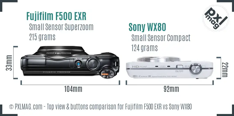 Fujifilm F500 EXR vs Sony WX80 top view buttons comparison