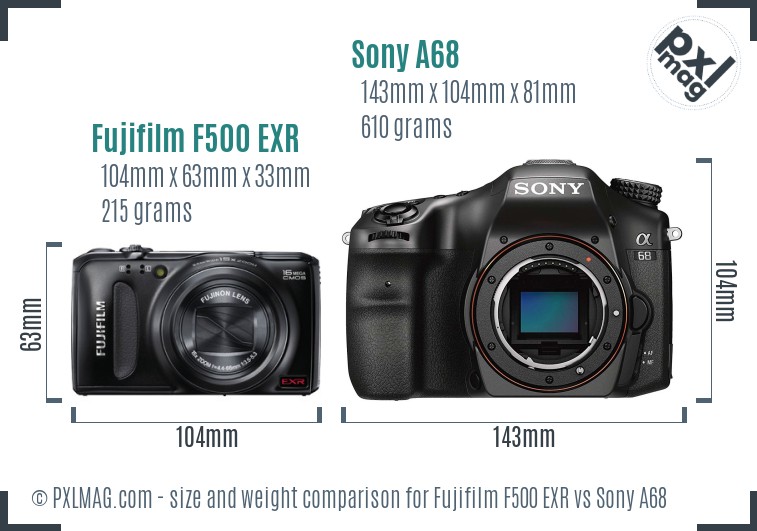Fujifilm F500 EXR vs Sony A68 size comparison Fujifilm F500 EXR vs Sony A68 size comparison