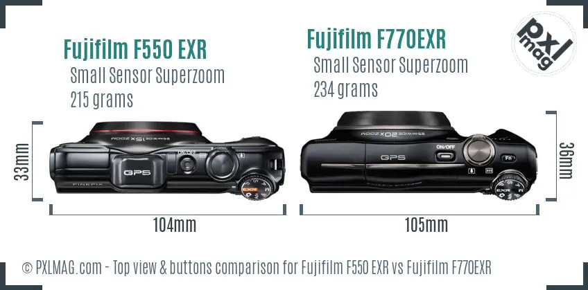 Fujifilm F550 EXR vs Fujifilm F770EXR top view buttons comparison
