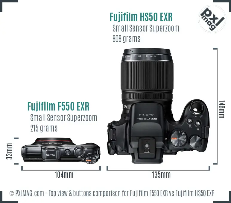 Fujifilm F550 EXR vs Fujifilm HS50 EXR top view buttons comparison
