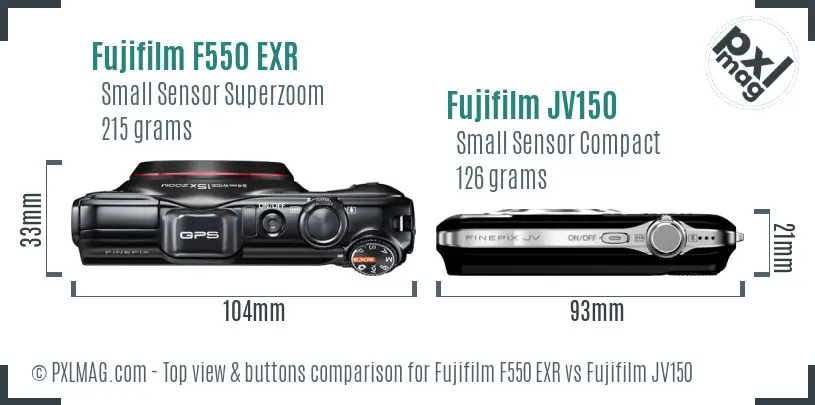 Fujifilm F550 EXR vs Fujifilm JV150 top view buttons comparison Fujifilm F550 EXR vs Fujifilm JV150 top view buttons comparison