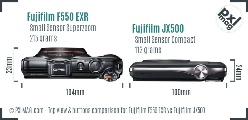 Fujifilm F550 EXR vs Fujifilm JX500 top view buttons comparison