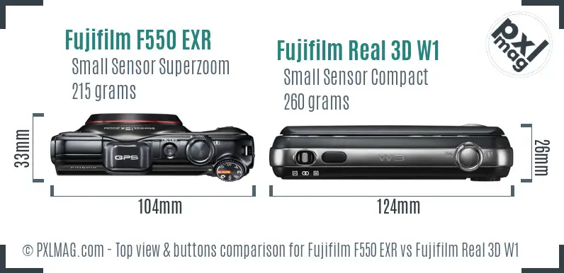Fujifilm F550 EXR vs Fujifilm Real 3D W1 top view buttons comparison Fujifilm F550 EXR vs Fujifilm Real 3D W1 top view buttons comparison