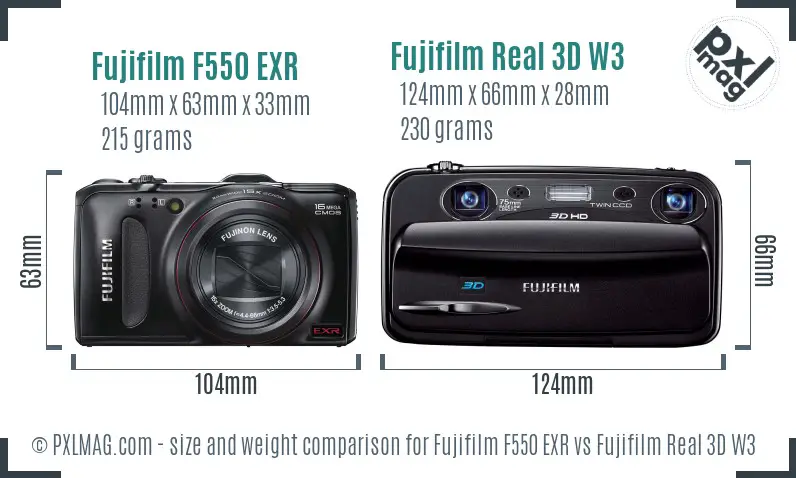 Fujifilm F550 EXR vs Fujifilm Real 3D W3 size comparison