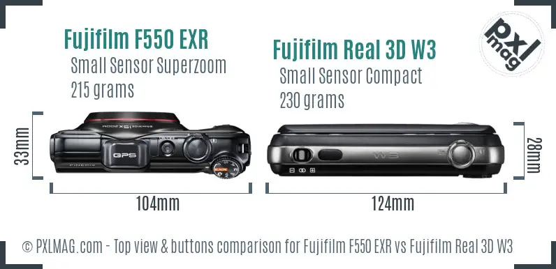 Fujifilm F550 EXR vs Fujifilm Real 3D W3 top view buttons comparison