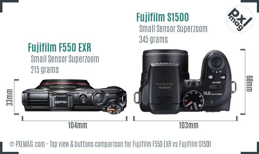 Fujifilm F550 EXR vs Fujifilm S1500 top view buttons comparison Fujifilm F550 EXR vs Fujifilm S1500 top view buttons comparison