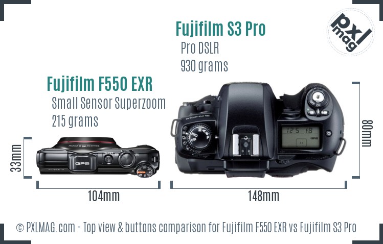 Fujifilm F550 EXR vs Fujifilm S3 Pro top view buttons comparison