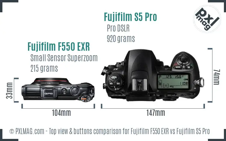 Fujifilm F550 EXR vs Fujifilm S5 Pro top view buttons comparison