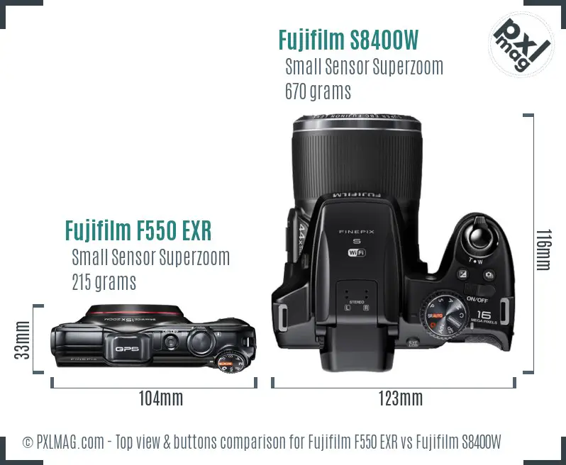 Fujifilm F550 EXR vs Fujifilm S8400W top view buttons comparison