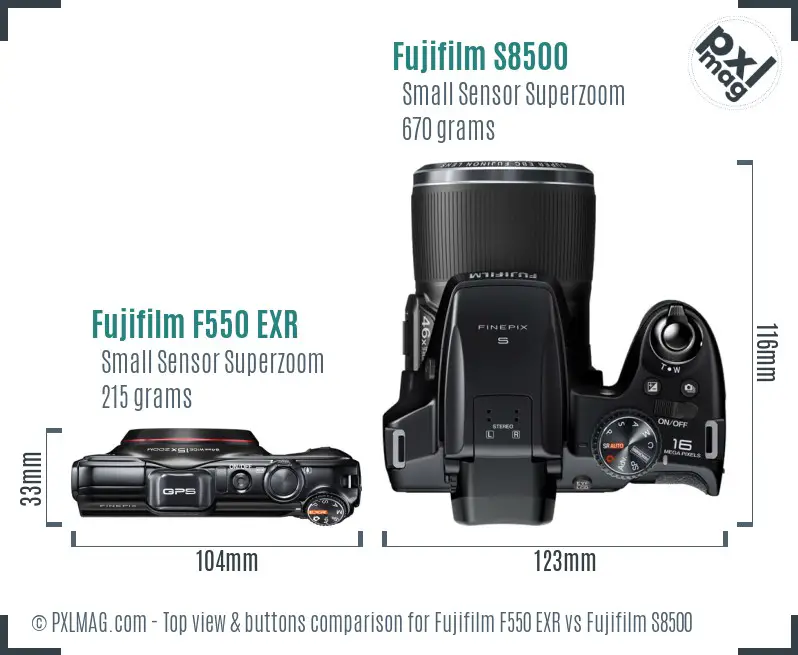 Fujifilm F550 EXR vs Fujifilm S8500 top view buttons comparison