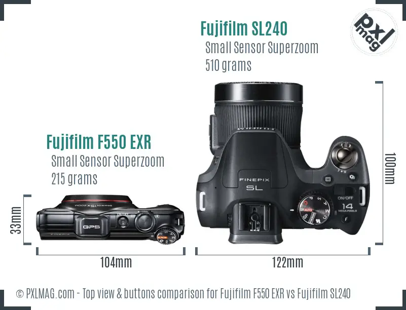 Fujifilm F550 EXR vs Fujifilm SL240 top view buttons comparison