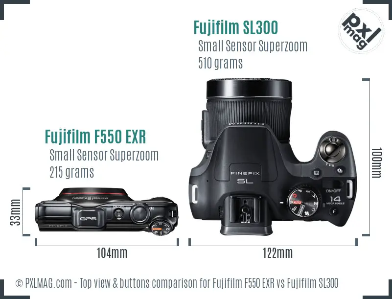 Fujifilm F550 EXR vs Fujifilm SL300 top view buttons comparison