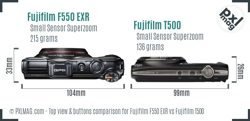 Fujifilm F550 EXR vs Fujifilm T500 top view buttons comparison