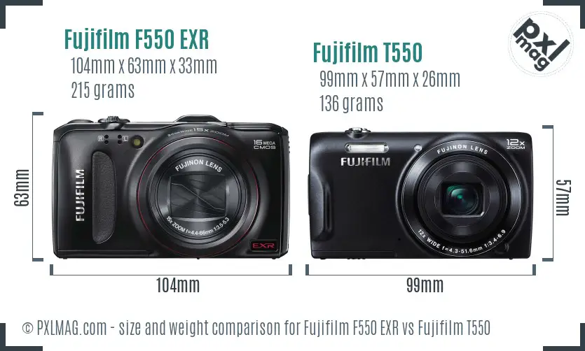 Fujifilm F550 EXR vs Fujifilm T550 size comparison