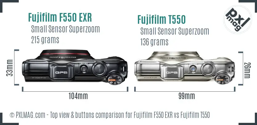 Fujifilm F550 EXR vs Fujifilm T550 top view buttons comparison