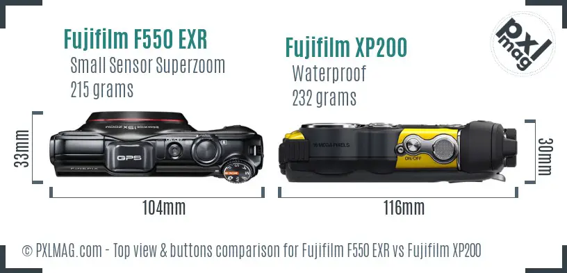 Fujifilm F550 EXR vs Fujifilm XP200 top view buttons comparison Fujifilm F550 EXR vs Fujifilm XP200 top view buttons comparison