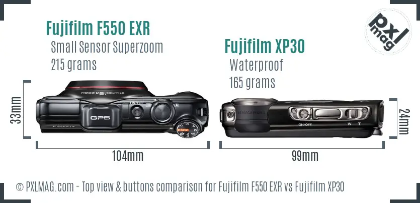 Fujifilm F550 EXR vs Fujifilm XP30 top view buttons comparison