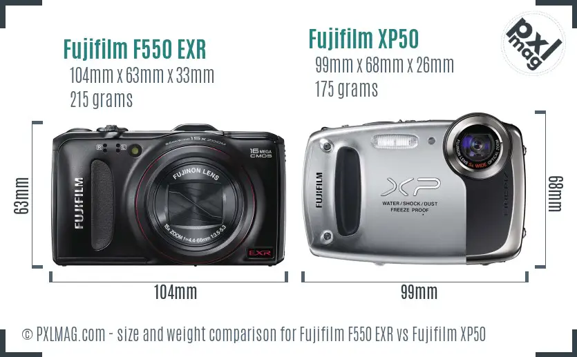Fujifilm F550 EXR vs Fujifilm XP50 size comparison