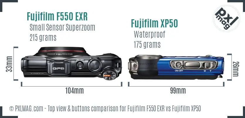 Fujifilm F550 EXR vs Fujifilm XP50 top view buttons comparison