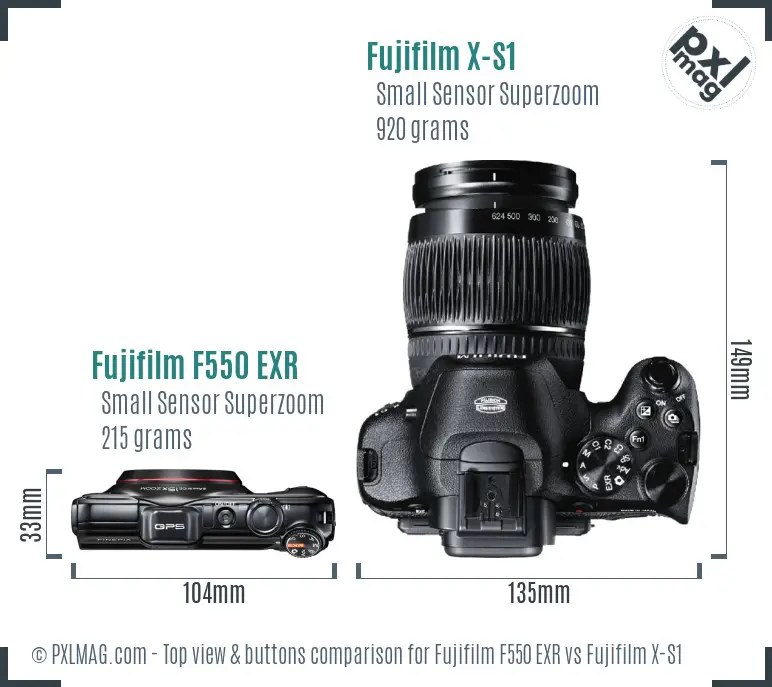 Fujifilm F550 EXR vs Fujifilm X-S1 top view buttons comparison