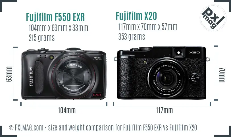 Fujifilm F550 EXR vs Fujifilm X20 size comparison
