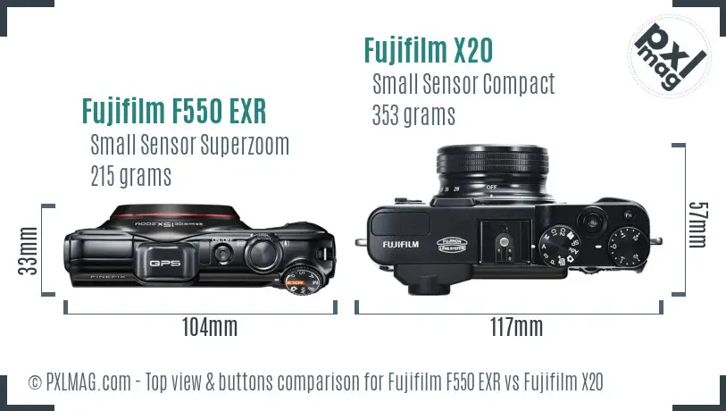 Fujifilm F550 EXR vs Fujifilm X20 top view buttons comparison
