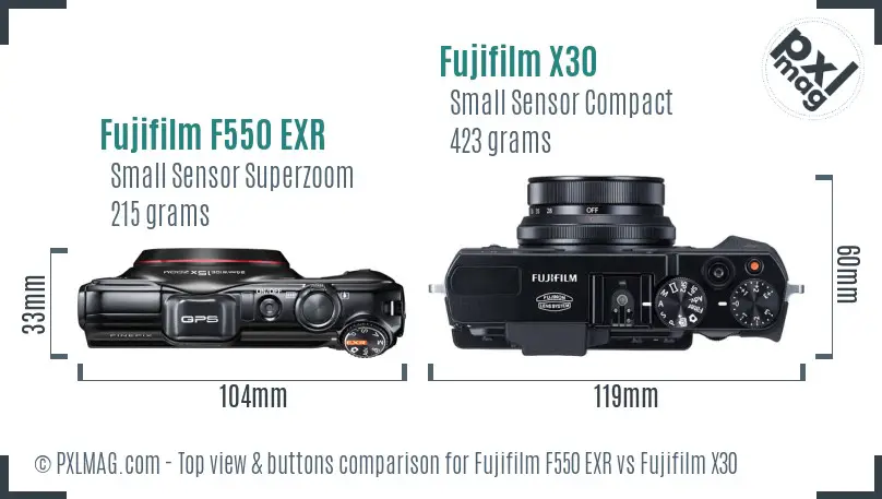 Fujifilm F550 EXR vs Fujifilm X30 top view buttons comparison Fujifilm F550 EXR vs Fujifilm X30 top view buttons comparison