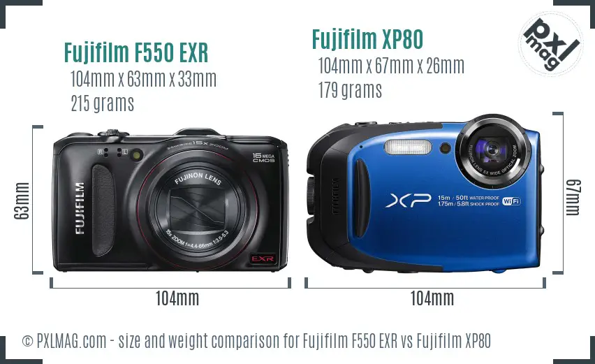 Fujifilm F550 EXR vs Fujifilm XP80 size comparison