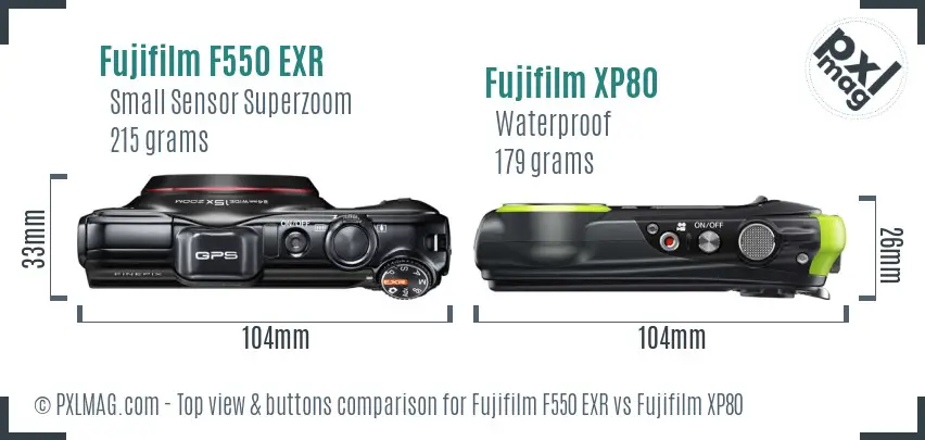 Fujifilm F550 EXR vs Fujifilm XP80 top view buttons comparison
