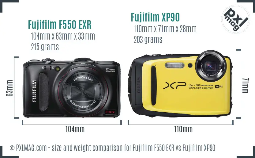 Fujifilm F550 EXR vs Fujifilm XP90 size comparison
