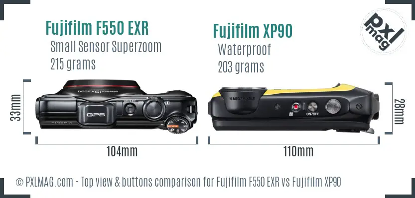 Fujifilm F550 EXR vs Fujifilm XP90 top view buttons comparison