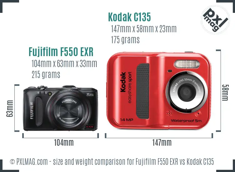 Fujifilm F550 EXR vs Kodak C135 size comparison